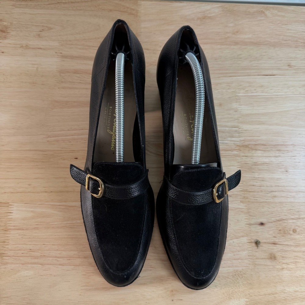 Salvatore Ferragamo Loafers Women's Black Leather Slip On Block Heel Buckle - 10 - Picture 4 of 12